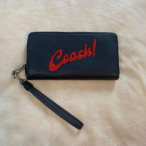 New Coach "Coach!" Navy Blue Red Long Zip Around Graphic Wallet